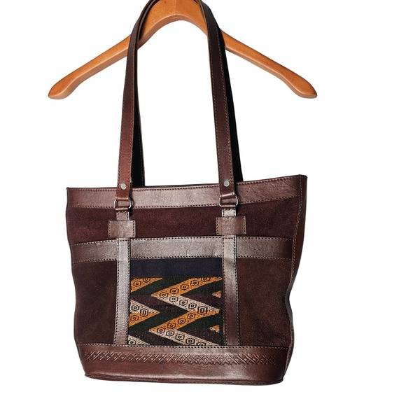 Handbags - Handmade Bolivian Leather Suede Tote Bag Brown Geometric Woven Textile Artisan